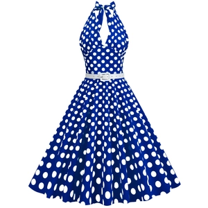 Retro halter neck polka dot dress with white waist belt and vintage A-line flared skirt