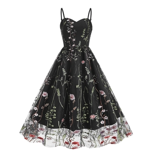 Detail of vibrant floral embroidery on vintage black mesh A-line midi dress fabric