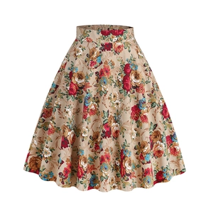 Vintage Floral A-Line Midi Skirt For Women High Waist Cotton Blend Hepburn Style Retro Printed Vacation Summer Skirt