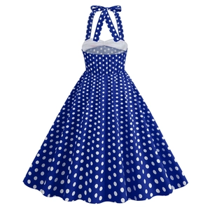 Abito da cocktail anni '50 a pois con scollo all'americana e gonna a ruota blu