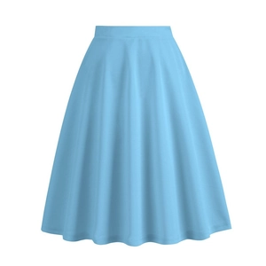 Detail of high waisted A-line skirt in light blue with elegant flared pleats