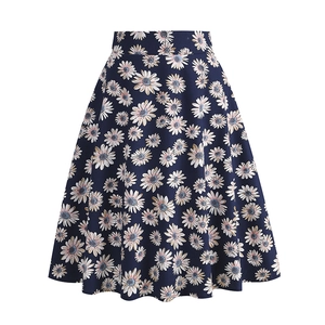 Gonna longuette a vita alta linea A blu scuro con stampa floreale a margherite