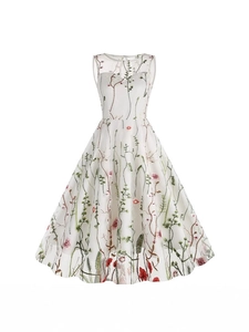 Vintage Floral Embroidery Sleeveless A-Line Midi Dress Round Neck Elegant Mesh Evening Party Dress For Women Casual Summer Gown