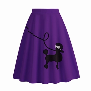 Vintage 1950s purple high-waisted A-line skirt with black poodle graphic print
