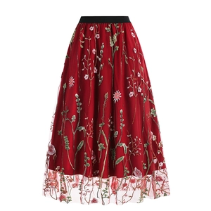 Women's Vintage 50S Mesh Floral Embroidery Midi Skirt High Waist A-Line Tulle Skirt Party Wedding Banquet Skirt