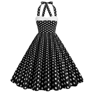 Abito vintage anni '50 a pois con allacciatura al collo e scollo a cuore plissettato bianco
