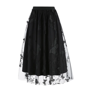 Detailed close-up of butterfly embroidery and layered black mesh on high-quality tulle skirt