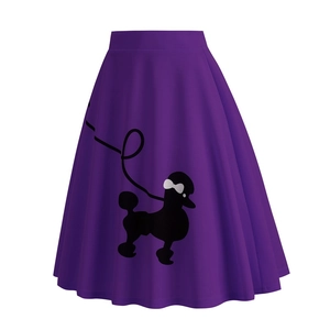 Detail of high-waist purple A-line poodle skirt with vintage silhouette and ribbon bow
