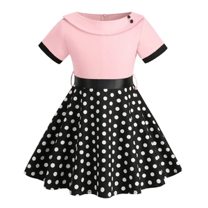 Vintage girl's short sleeve dress with pink bodice, Peter Pan collar and polka dot skirt
