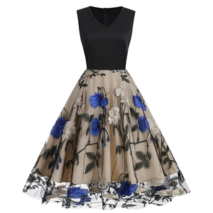 Vintage V-neck sleeveless dress featuring floral embroidery and elegant mesh A-line skirt