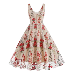 Vintage V-Neck Sleeveless Floral Embroidery Mesh A-Line Dress For Women Elegant Hepburn Style Party Evening Banquet Gown