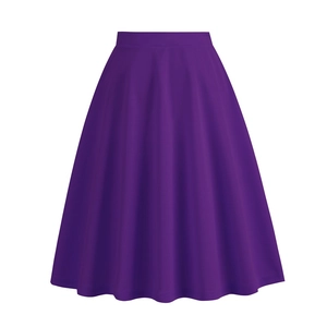 Detailed view of high waisted dark purple A-line skirt with elegant pleated hemline drape