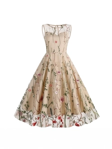 Elegant sleeveless A-line tulle dress with delicate floral embroidery in beige