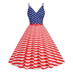 Robe Vintage pour Femme Jour de l'Indépendance années 1950 Rockabilly Dos nu Col en V Étoiles Rayures Imprimé Ligne A Midi