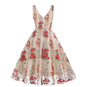 Close-up of floral embroidery on vintage V-neck sleeveless A-line cocktail dress