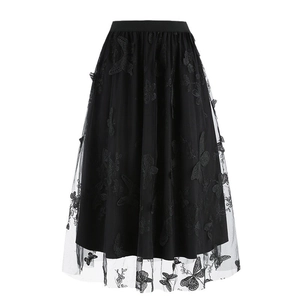 Black mesh midi skirt featuring butterfly embroidery and lightweight double-layer A-line design