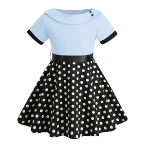 Retro girls short sleeve dress featuring blue Peter Pan collar top and polka dot skirt