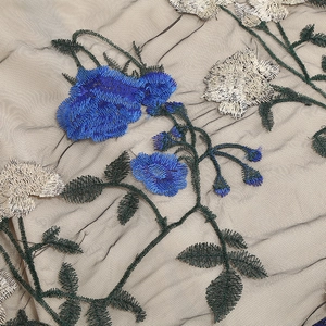 Detail of heavy industrial floral embroidery on double-layer mesh vintage V-neck dress