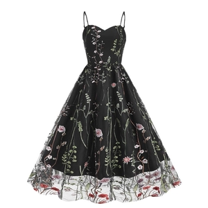 Retro A-line strap dress with floral embroidery and mesh splicing on a black base