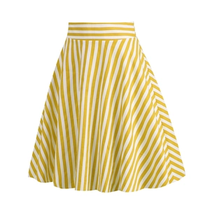 Detail of high-waist A-line skirt featuring vibrant yellow and white vertical stripes