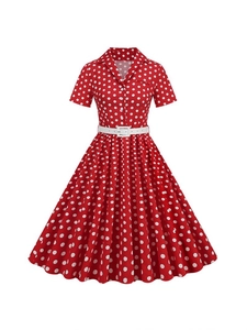 Vintage Polka Dot A-Line Midi Dress With Belt Short Sleeve Lapel 1950s Style Casual Party Swing Dress For Women