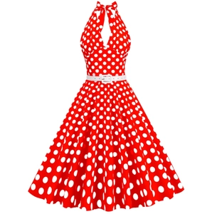 Vintage 50s red polka dot halter neck swing dress with a white belt and flare skirt
