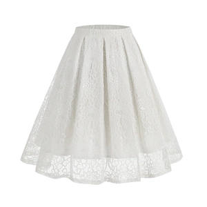 Elegant white A-line lace skirt with floral textures and hollow-out hem detail