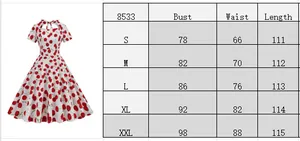 Detailed size chart for vintage floral dress 8533 including bust and waist measurements