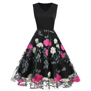 Vintage V-neck sleeveless black mesh dress with elegant pink peony floral embroidery