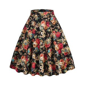 Vintage 1950s style high waist A-line skirt with vibrant floral prints on black fabric