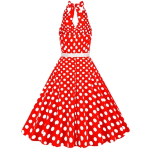 Halter neck detail with bow and white polka dot pattern on red retro dress