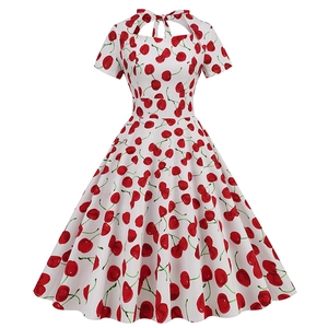 Vintage Hepburn Style Cherry Print A-Line Midi Dress Women Retro Rockabilly Short Sleeve Sweetheart Neck Hollow Out Dress