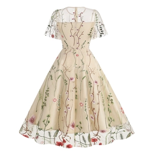 Detail view of the champagne mesh dress featuring floral embroidery and back zipper