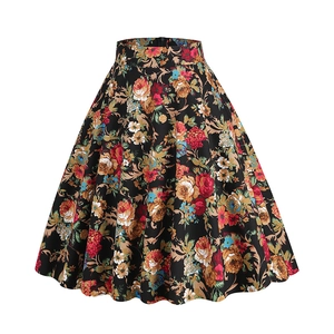 Detail view of vintage floral print on high waist black A-line midi skirt