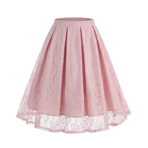 Retro light pink floral lace A-line midi skirt with vintage pleated flared design