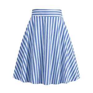 Classic blue and white vertical striped A-line midi skirt with high waist design