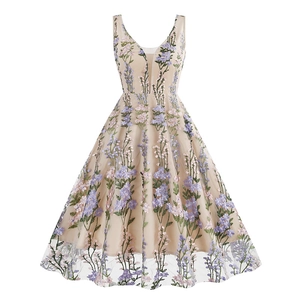 Retro V-neck sleeveless champagne midi dress with colorful floral embroidery