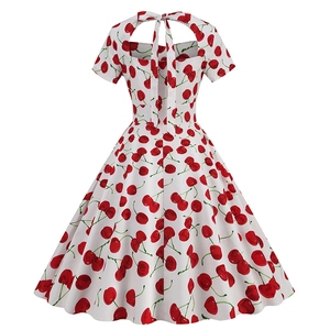 Vintage white short sleeve dress with red cherry print and back cutout bow detail