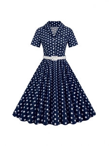 Vintage navy blue polka dot A-line dress with lapel collar and white belt detail