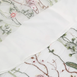 Detail of floral embroidery on white mesh fabric with high-quality stitching texture