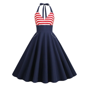Robe trapèze vintage dos nu avec rayures drapeau américain et jupe évasée marine