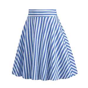Detail of blue and white striped A-line midi skirt with high waist and vertical patterns