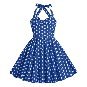 Close-up of royal blue polka dot halter neck dress with a decorative front bow detail