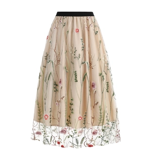 Elegant high-waisted mesh midi skirt featuring vintage 50s floral embroidery on tulle