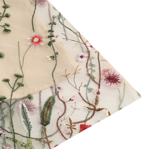Close-up of intricate floral embroidery on sheer mesh layer of vintage party dress