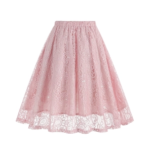 Detailed view of pink floral crochet lace fabric with elegant semi-sheer hemline