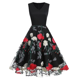 Vintage V-Neck Sleeveless Floral Embroidery Mesh Patchwork Midi Dress Audrey Hepburn Style A-Line Party Evening Dress Women