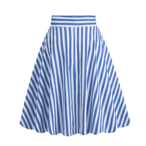 Detail of high-waist A-line skirt with blue and white stripes and invisible back zipper