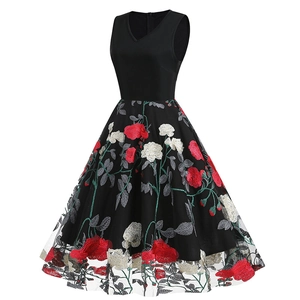 Close-up of V-neck sleeveless retro dress featuring intricate floral rose embroidery