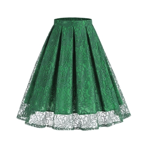 Vintage Women's High Waist A-Line Lace Midi Skirt Elegant Floral Paisley Pleated Elastic Waist Flare Bottom Skirt For Daily Wear